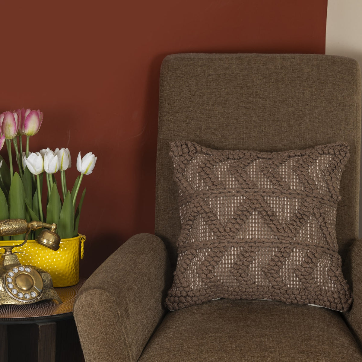 BOHO STYLE COTTON  BROWN HAND WOVEN CUSHION