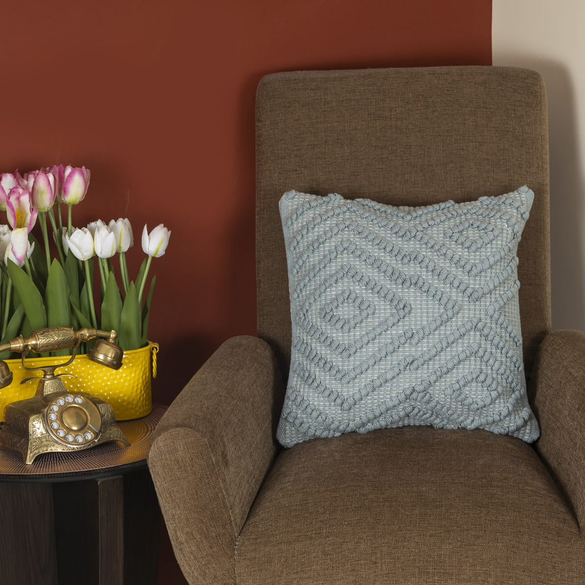 BOHO STYLE COTTON  GRAY HAND WOVEN CUSHION