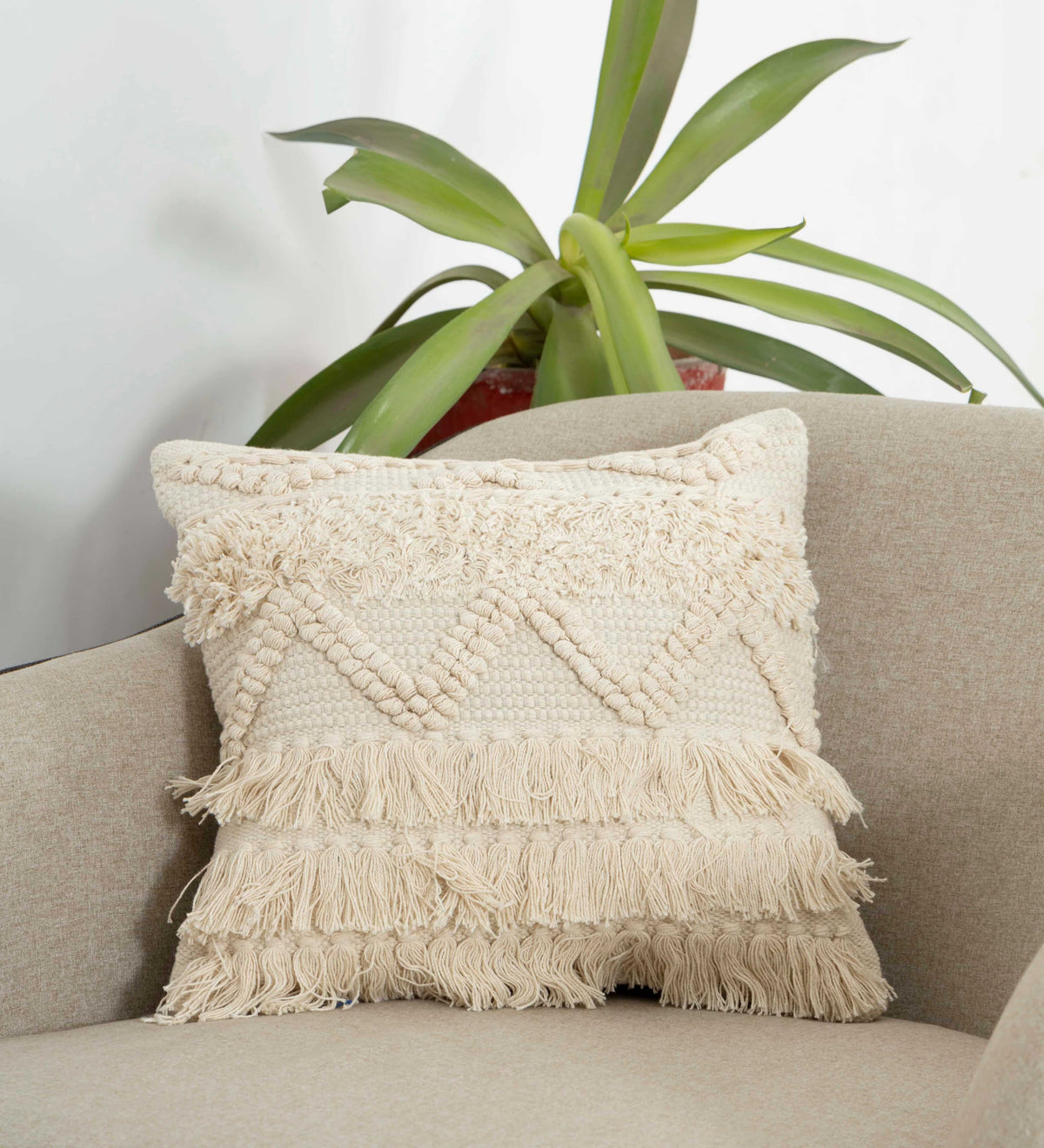 BOHO STYLE COTTON IVORY HAND WOVEN CUSHION