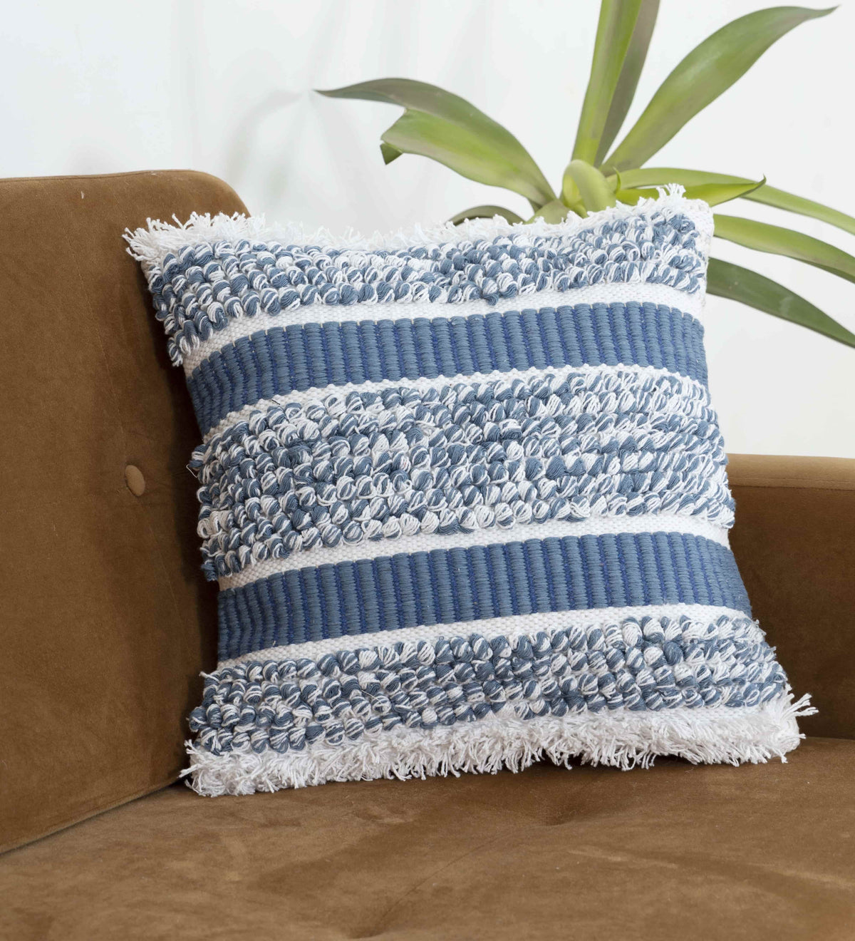 BOHO STYLE COTTON BLUE HAND WOVEN CUSHION