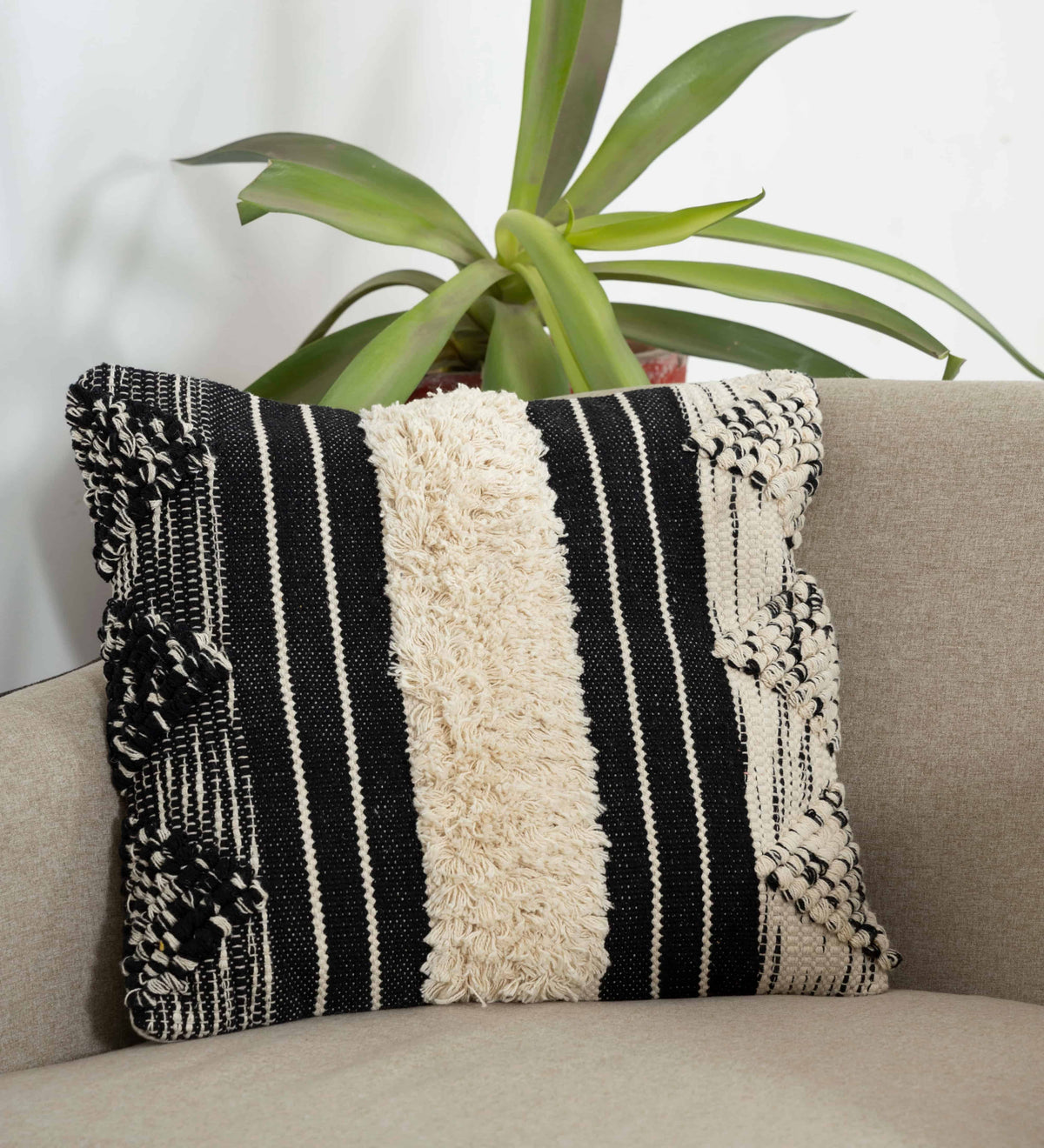 BOHO STYLE COTTON BLACK HAND WOVEN CUSHION