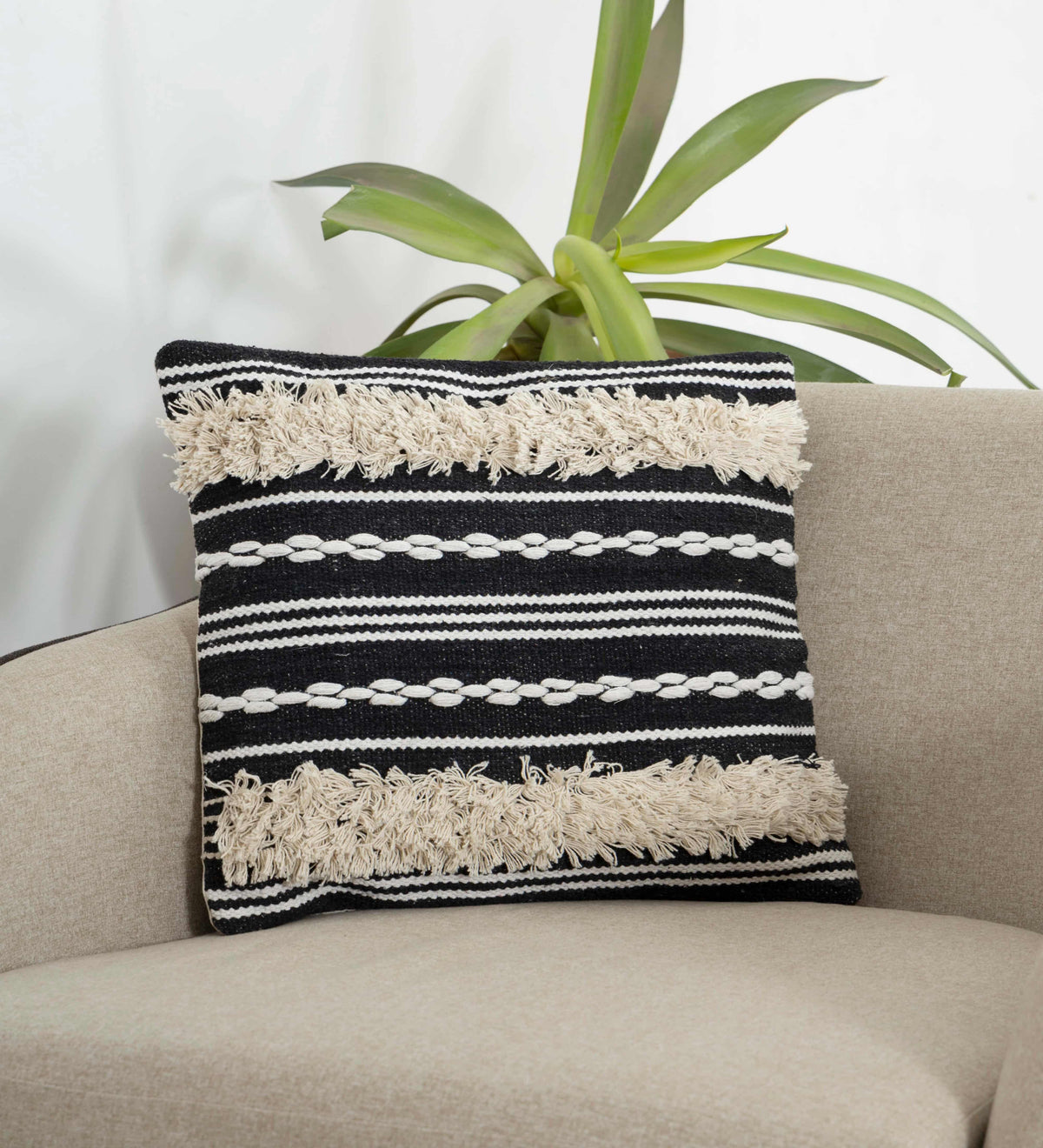 BOHO STYLE COTTON BLACK HAND WOVEN CUSHION