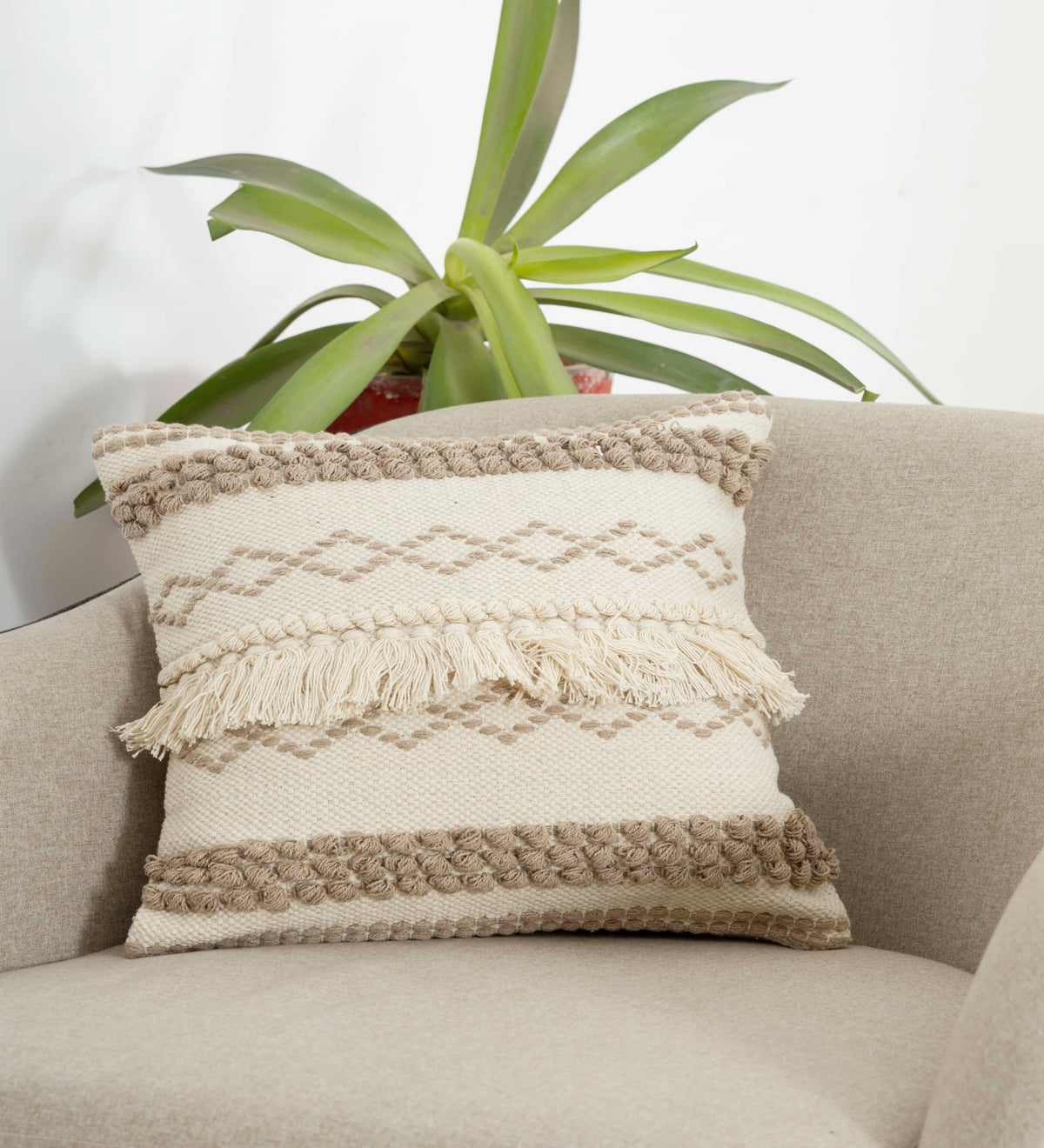 BOHO STYLE COTTON  BEIGE HAND WOVEN CUSHION